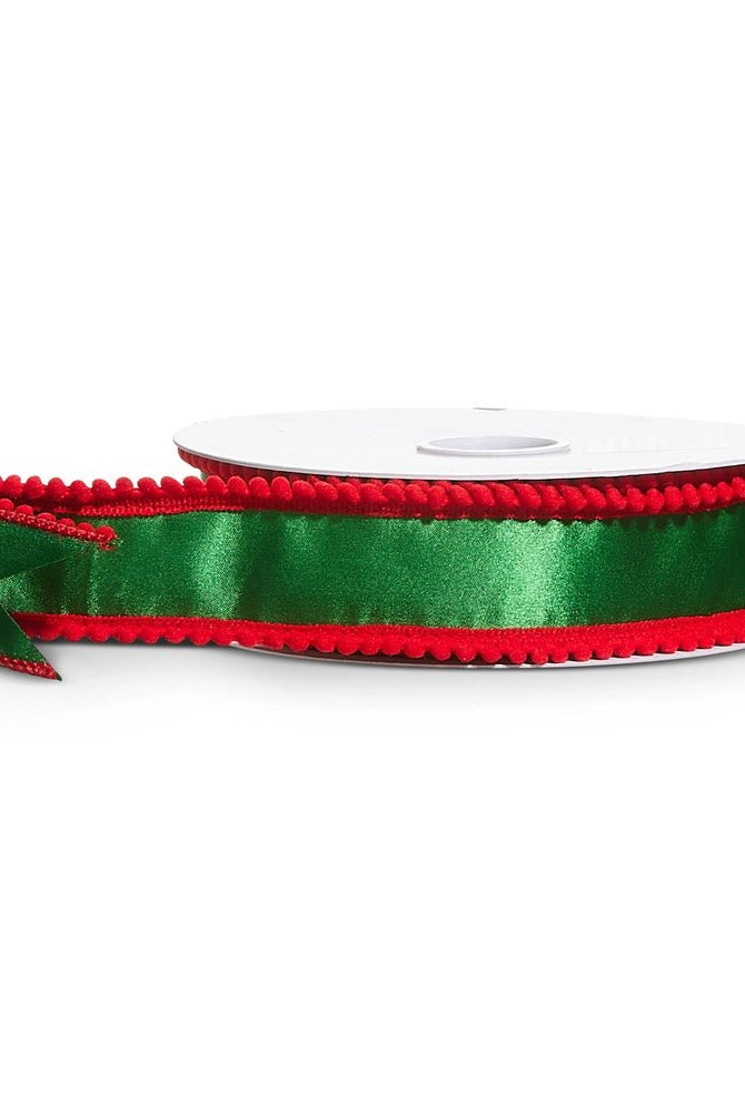 1.5" X 10 Yds Green Satin with Red Pom Pom Edge Wired Ribbon - Sassy Inspiration