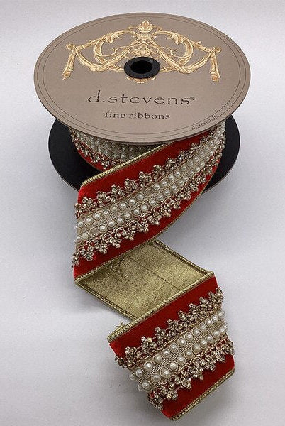 2.5” Red Velvet ribbon with Gold Jewel Countess Trim and a Pearl center - Sassy Inspiration