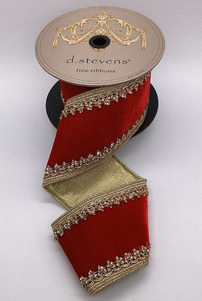 4” Red velvet ribbon with gold jewel countess trim - Sassy Inspiration