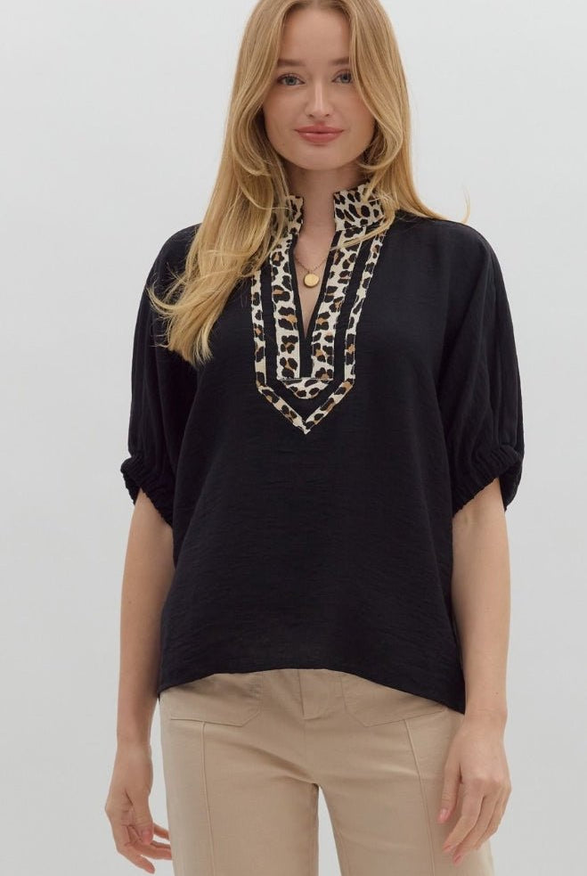 Black Short Sleeve Dolman Leopard Accented Top - Sassy Inspiration