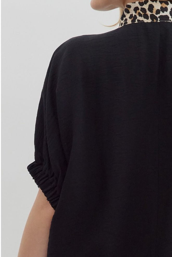 Black Short Sleeve Dolman Leopard Accented Top - Sassy Inspiration