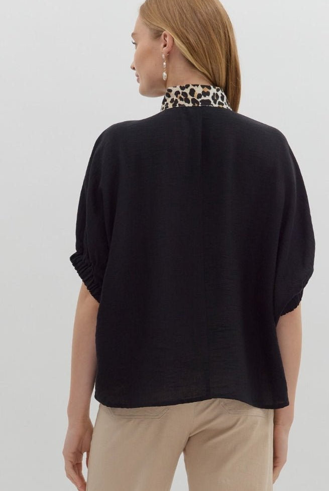 Black Short Sleeve Dolman Leopard Accented Top - Sassy Inspiration