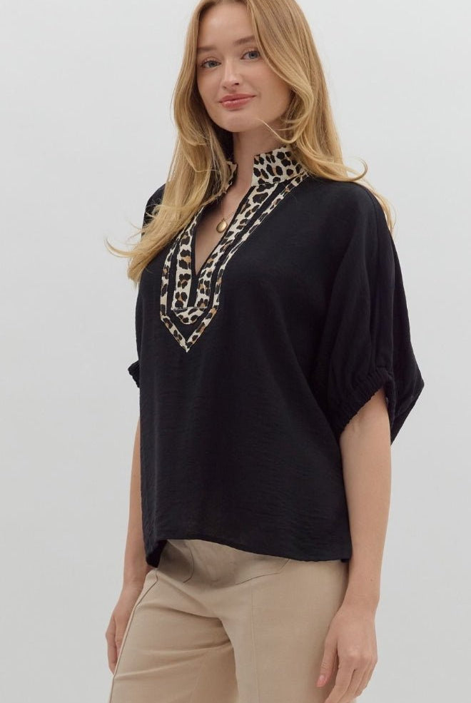 Black Short Sleeve Dolman Leopard Accented Top - Sassy Inspiration