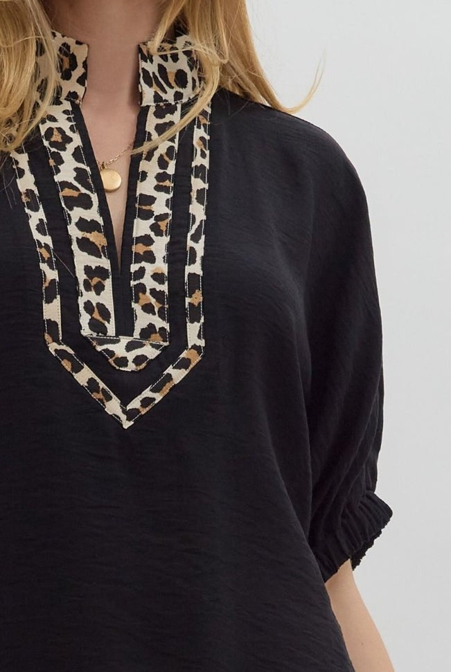 Black Short Sleeve Dolman Leopard Accented Top - Sassy Inspiration