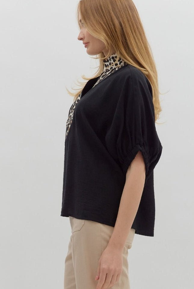 Black Short Sleeve Dolman Leopard Accented Top - Sassy Inspiration