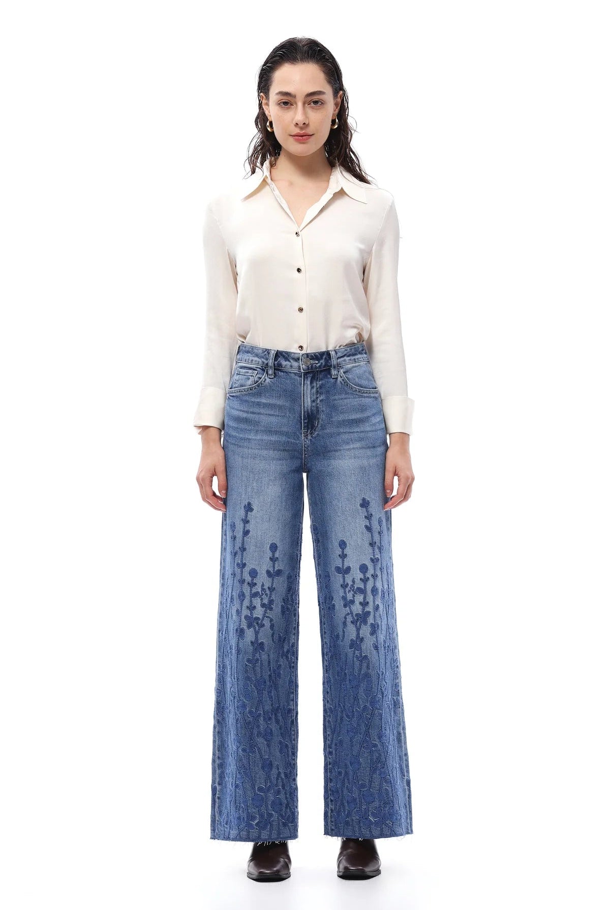 Floral Muse High - Rise Embroidered Wide - Leg Denim – Medium Blue - Sassy Inspiration