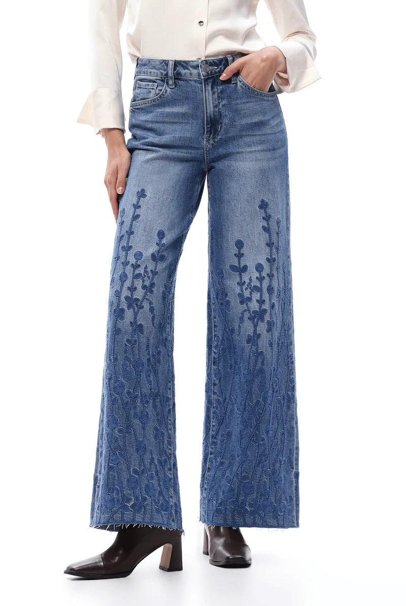 Floral Muse High - Rise Embroidered Wide - Leg Denim – Medium Blue - Sassy Inspiration