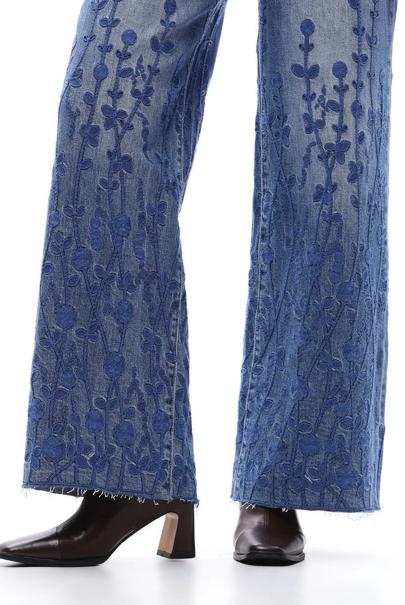 Floral Muse High - Rise Embroidered Wide - Leg Denim – Medium Blue - Sassy Inspiration