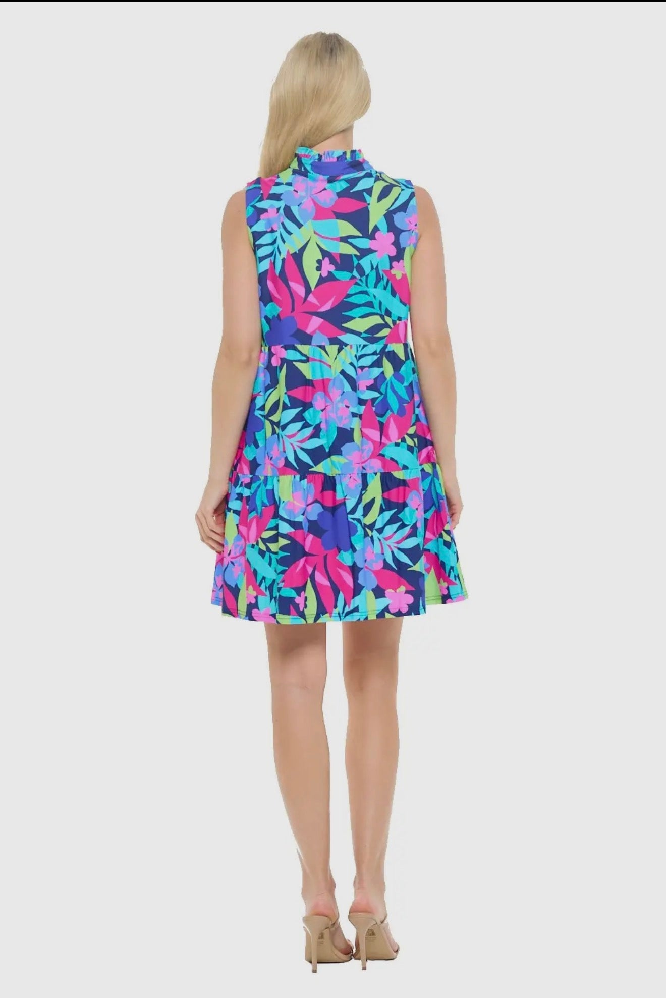 Laison Sleeveless Tiered Dress - Navy Blue Multi Print - Sassy Inspiration