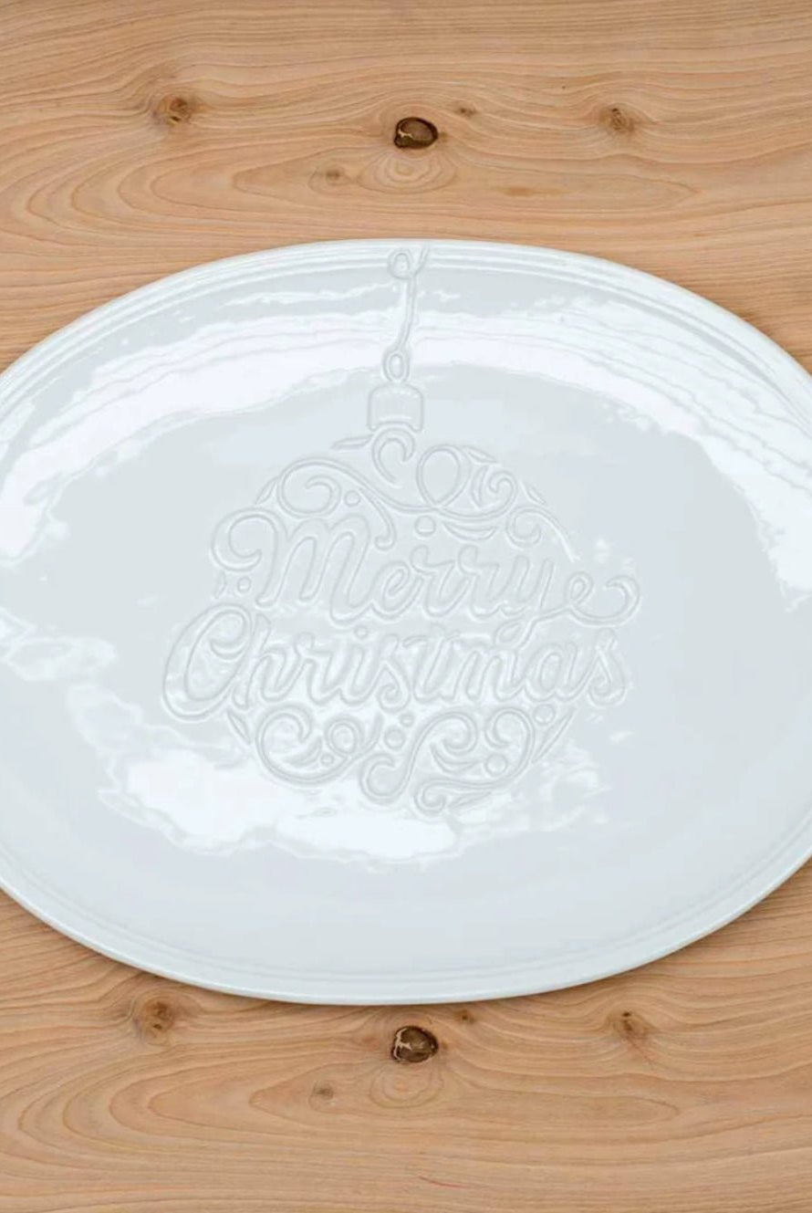 Merry Ornament Embossed Oval Platter White 16x12 - Sassy Inspiration