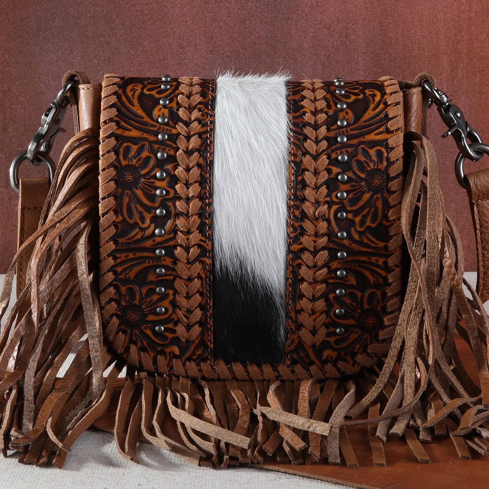 Montana West Genuine Leather Tooled Collection Fringe Crossbody - Sassy Inspiration