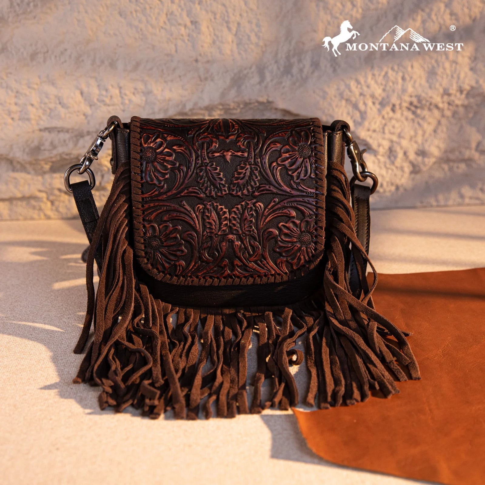 Montana West Genuine Leather Tooled Fringe Crossbody - Coffee - Sassy Inspiration