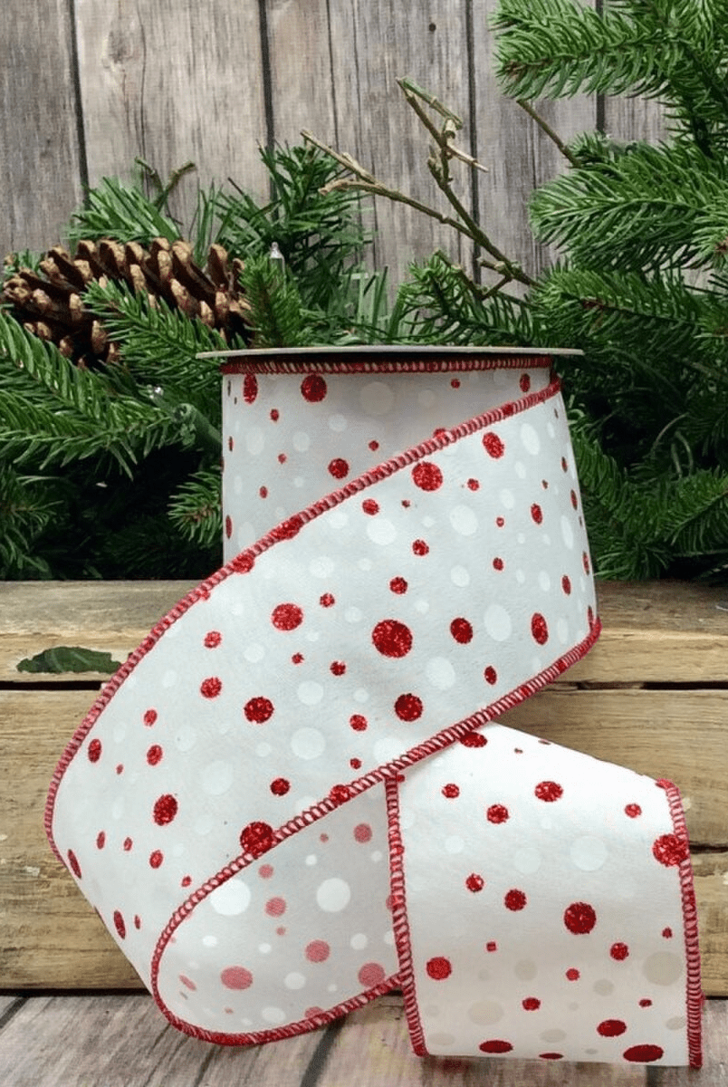 Ribbon - Satin Red Glitter Polka Dots on White - Sassy Inspiration