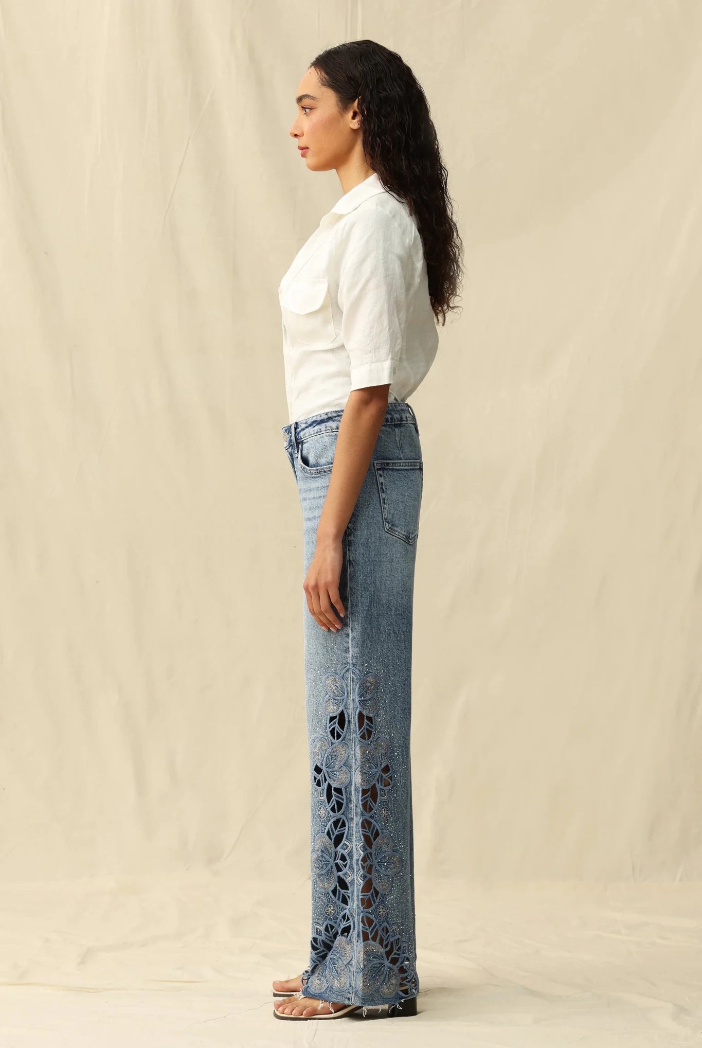 Seoul High - Rise Cutout Rhinestone Denim – Light Blue - Sassy Inspiration