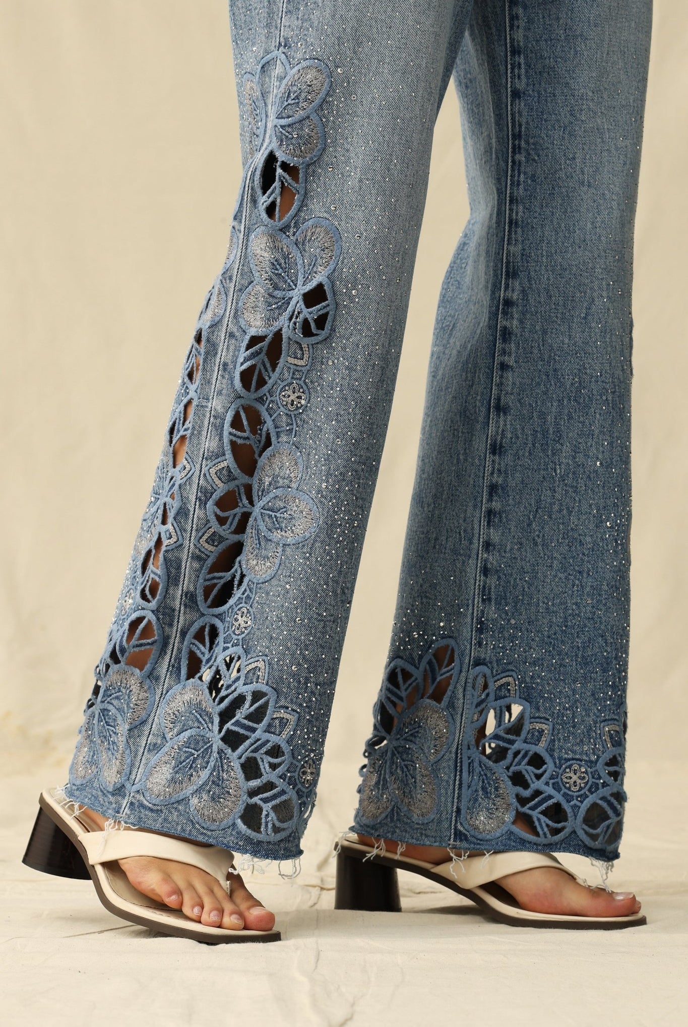 Seoul High - Rise Cutout Rhinestone Denim – Light Blue - Sassy Inspiration
