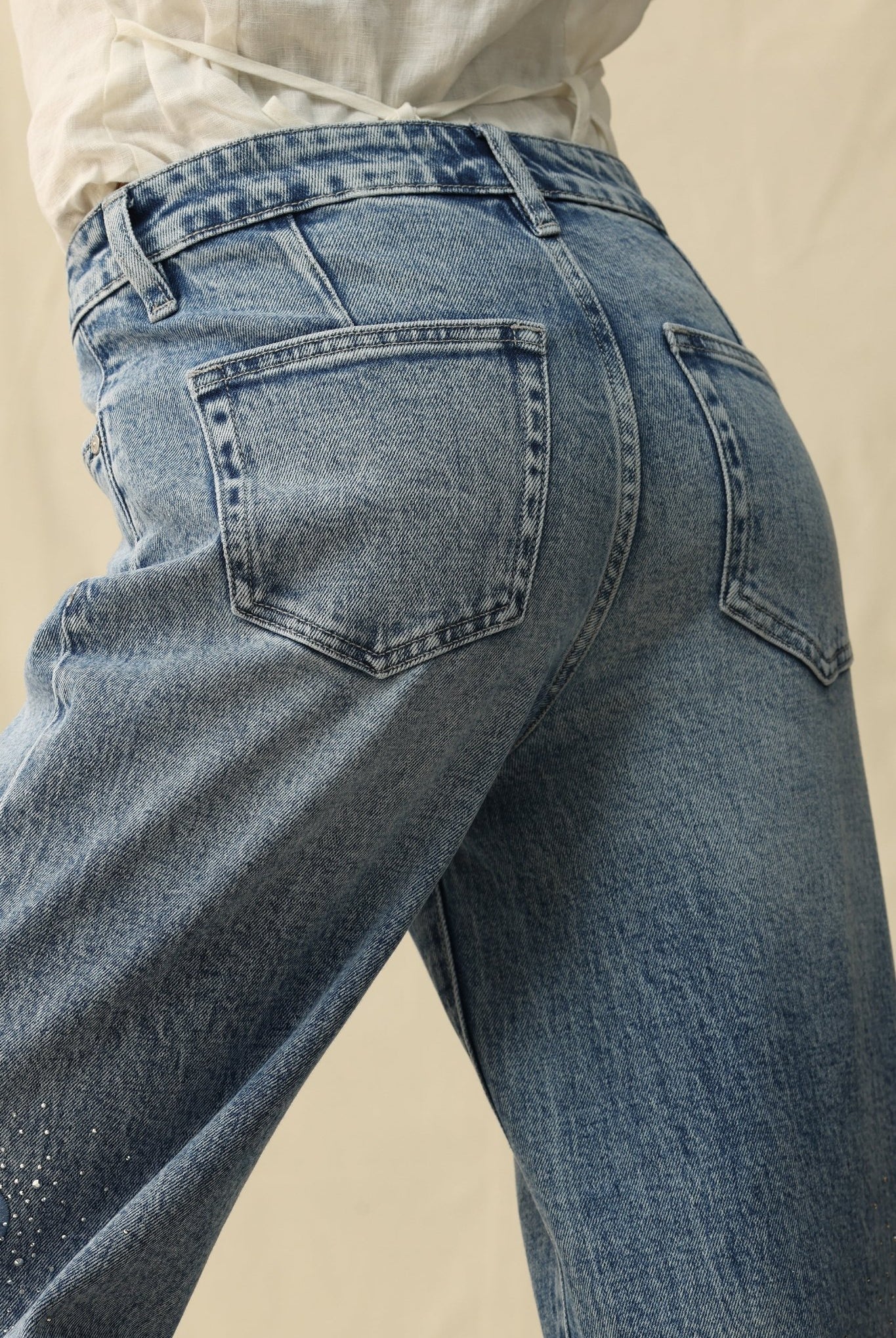 Seoul High - Rise Cutout Rhinestone Denim – Light Blue - Sassy Inspiration