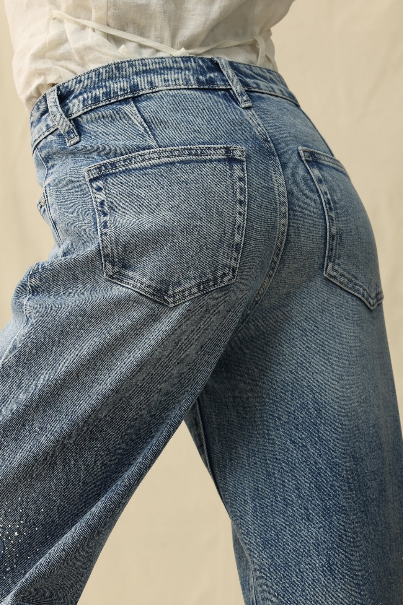 Seoul High - Rise Cutout Rhinestone Denim – Light Blue - Sassy Inspiration