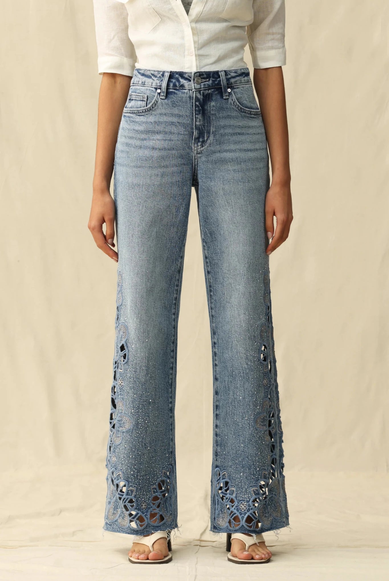 Seoul High - Rise Cutout Rhinestone Denim – Light Blue - Sassy Inspiration