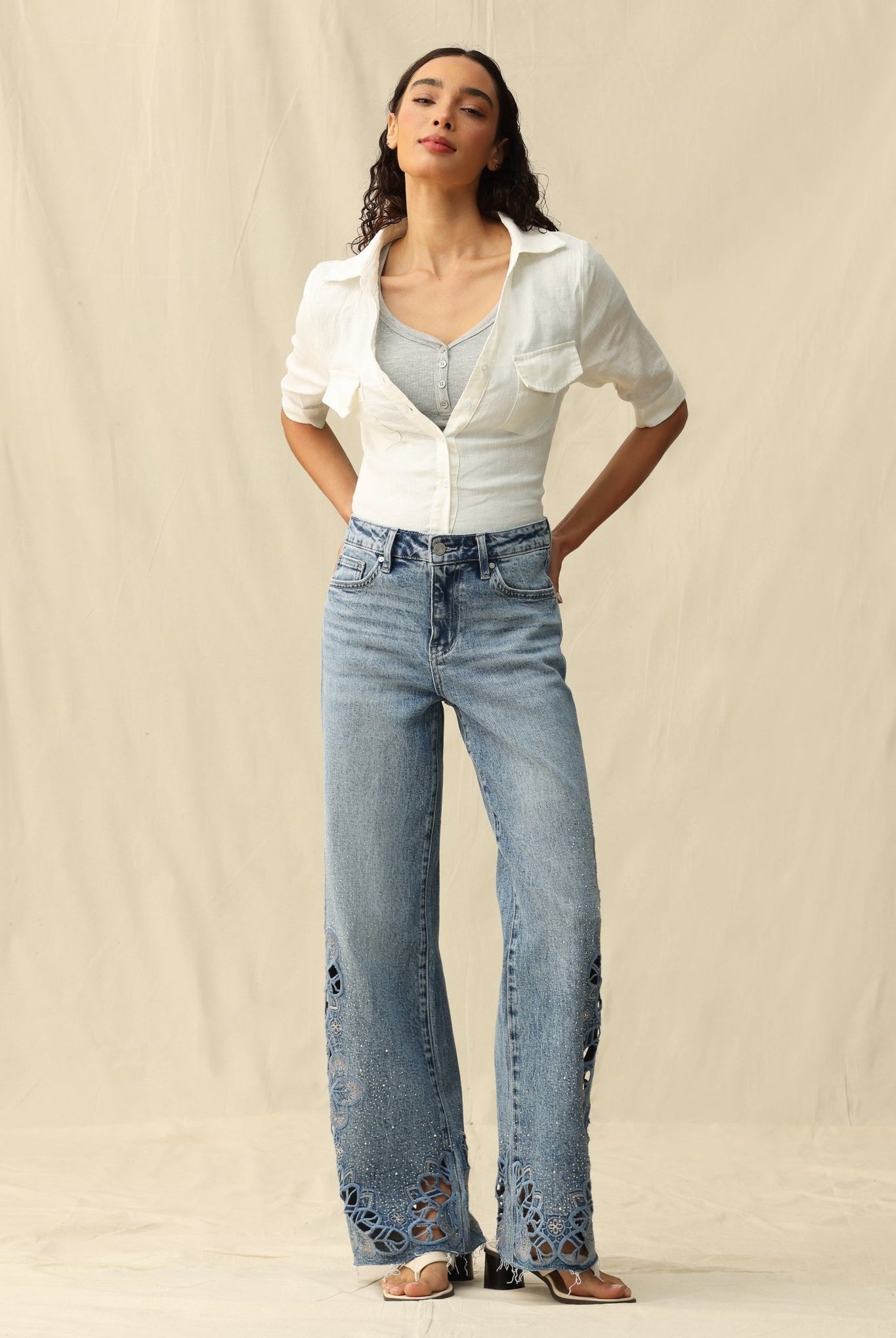 Seoul High - Rise Cutout Rhinestone Denim – Light Blue - Sassy Inspiration