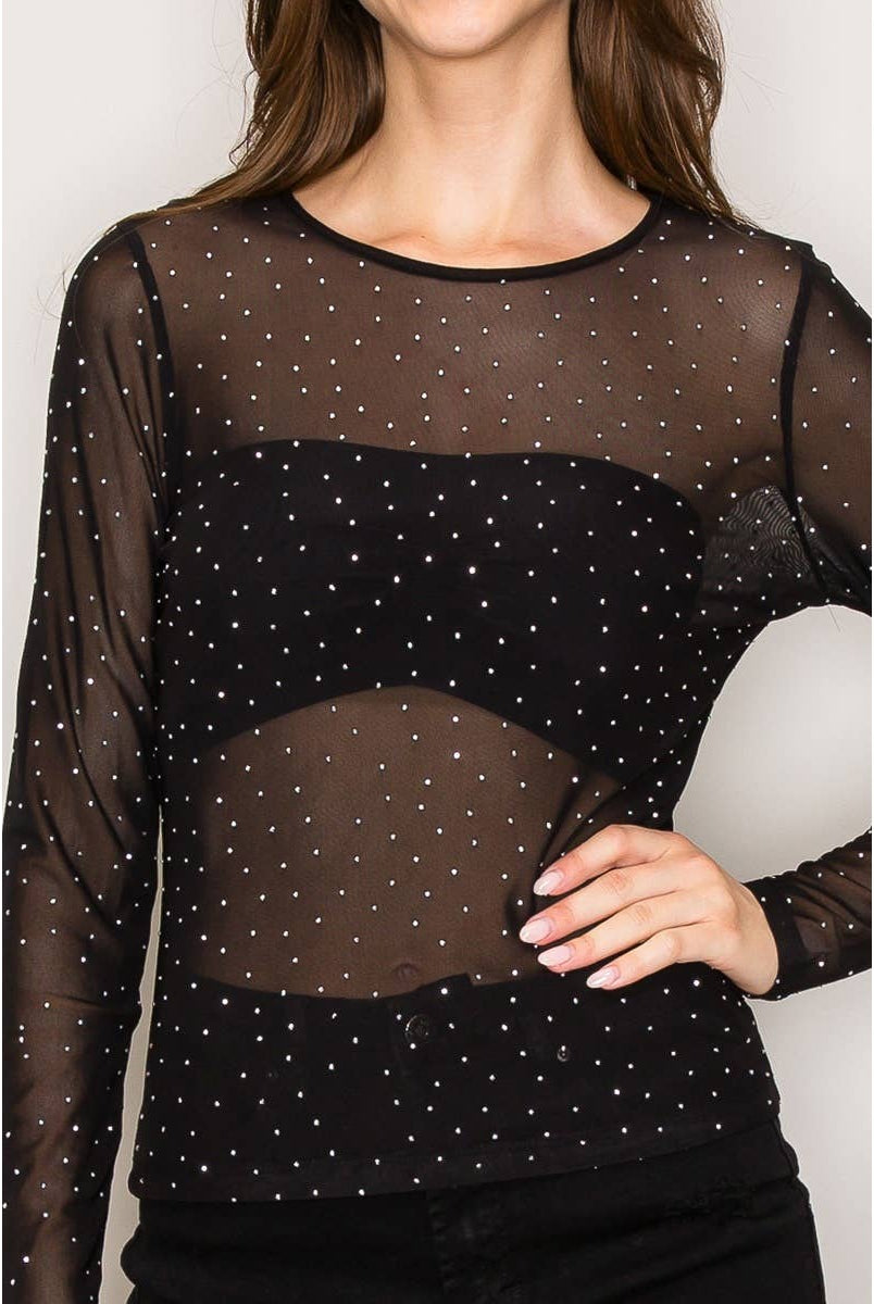 Sparkle All Night Rhinestone Mesh Top - Sassy Inspiration