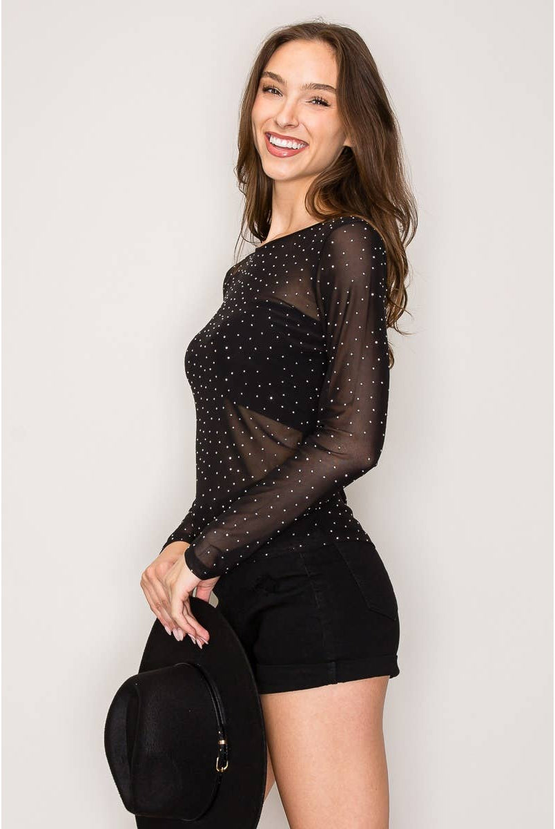 Sparkle All Night Rhinestone Mesh Top - Sassy Inspiration