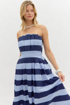 Stripe print strapless pleated midi dress - Sassy Inspiration