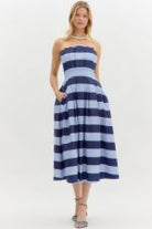Stripe print strapless pleated midi dress - Sassy Inspiration