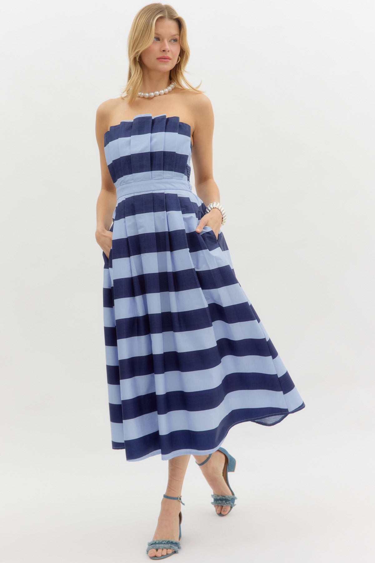 Stripe print strapless pleated midi dress - Sassy Inspiration