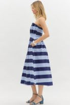 Stripe print strapless pleated midi dress - Sassy Inspiration