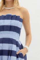 Stripe print strapless pleated midi dress - Sassy Inspiration