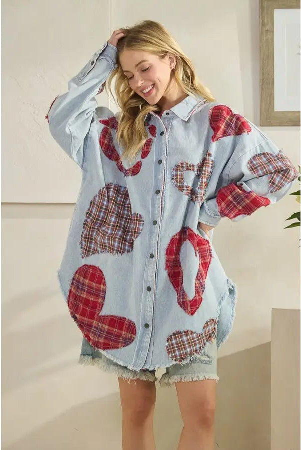 Washed Plaid Heart Patchwork Buttondown Shirt - Sassy Inspiration