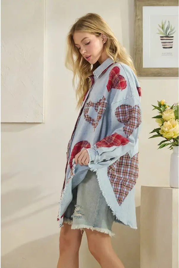 Washed Plaid Heart Patchwork Buttondown Shirt - Sassy Inspiration