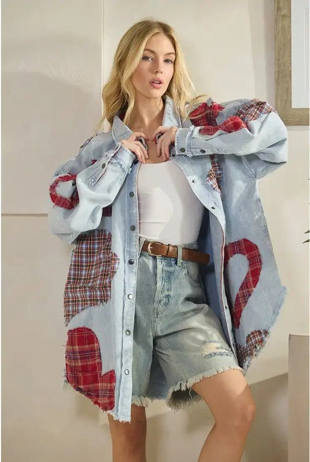 Washed Plaid Heart Patchwork Buttondown Shirt - Sassy Inspiration