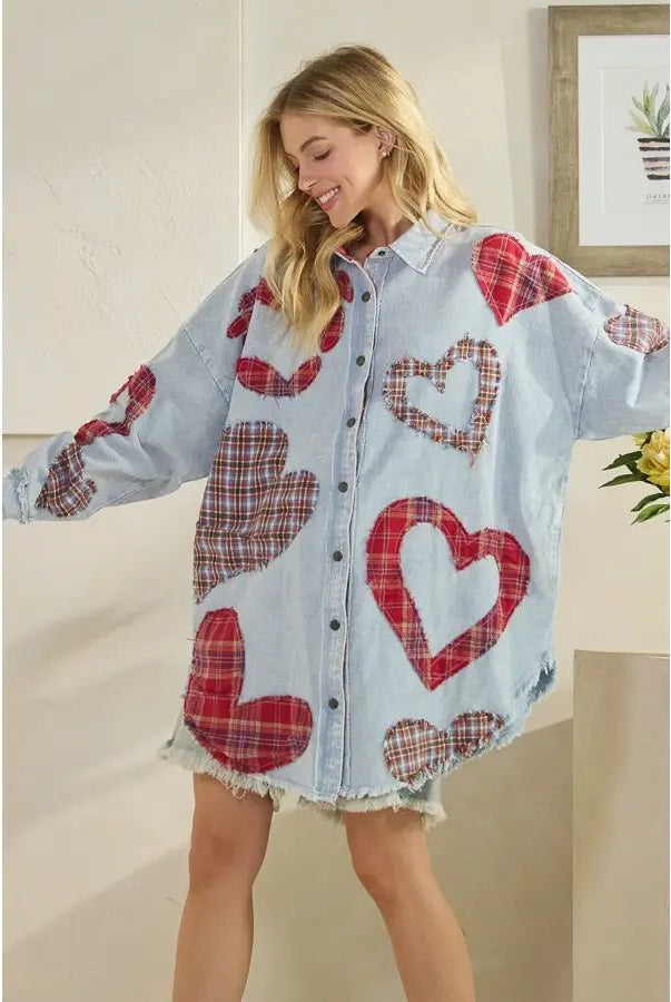 Washed Plaid Heart Patchwork Buttondown Shirt - Sassy Inspiration
