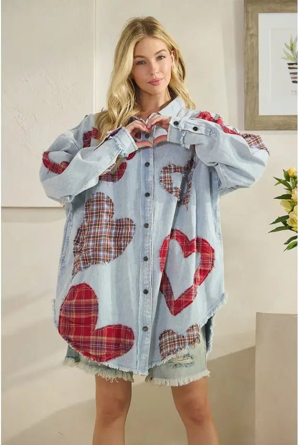 Washed Plaid Heart Patchwork Buttondown Shirt - Sassy Inspiration