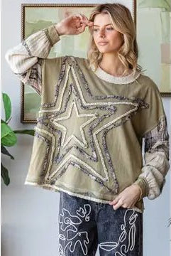 Washed Star Patchwork Long Sleeve Knit Top - Sassy Inspiration