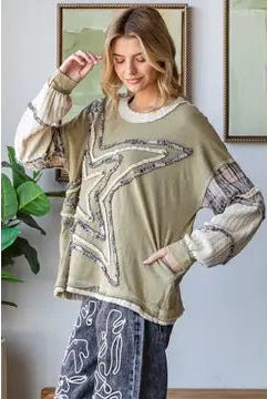 Washed Star Patchwork Long Sleeve Knit Top - Sassy Inspiration