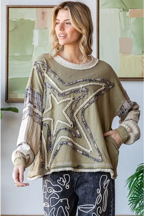 Washed Star Patchwork Long Sleeve Knit Top - Sassy Inspiration
