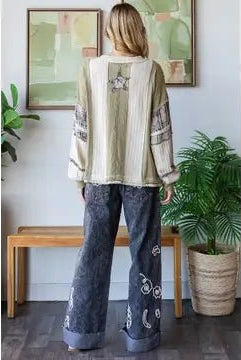 Washed Star Patchwork Long Sleeve Knit Top - Sassy Inspiration