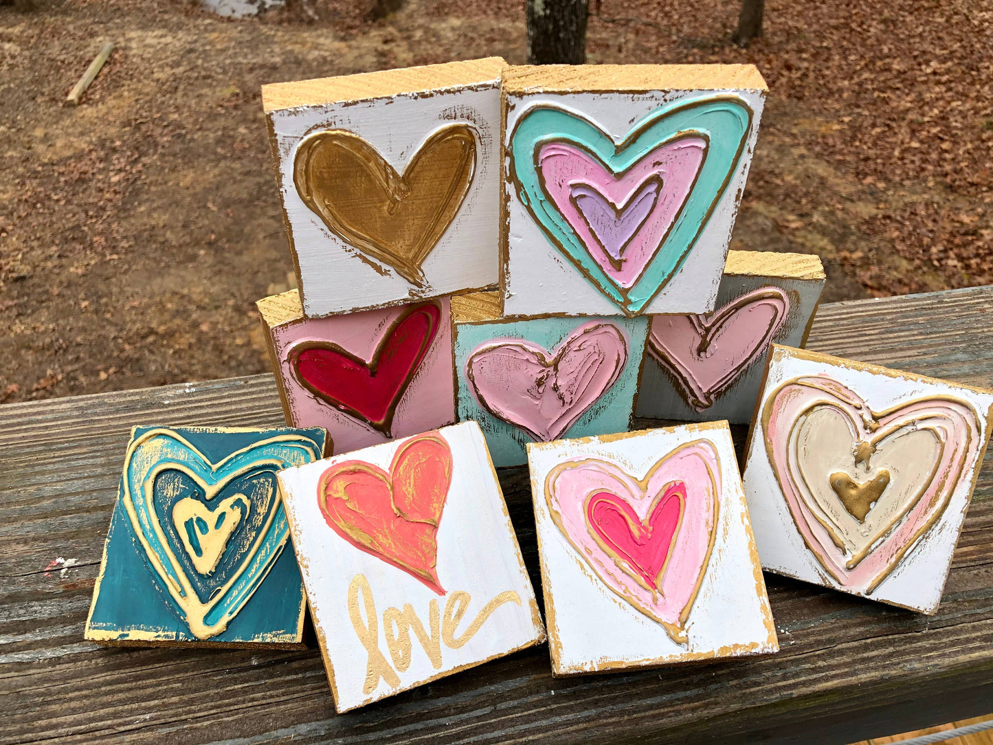 3x3 Heart Valentine handmade textured wood block - Peach/cream/white