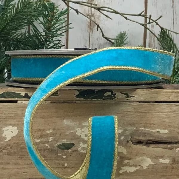 1” Velvet ribbon - Blue Moon/Gold - Sassy Inspiration