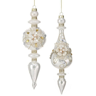 10" Glass Flower & Jewel Finial Ornament – Set of 2, Cream & Gold - Sassy Inspiration