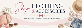 Promotional banner for 'Shop CLOTHING & ACCESSORIES' featuring a styled flat-lay of fashion items including a pink handbag, sunglasses, a floral camisole, denim shorts, a straw hat, and bracelets on a cream background with pink accents.