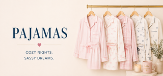 Four women's pajama sets hanging on a gold rod against a warm cream background. The left side features the text 'PAJAMAS' with the tagline 'COZY NIGHTS.