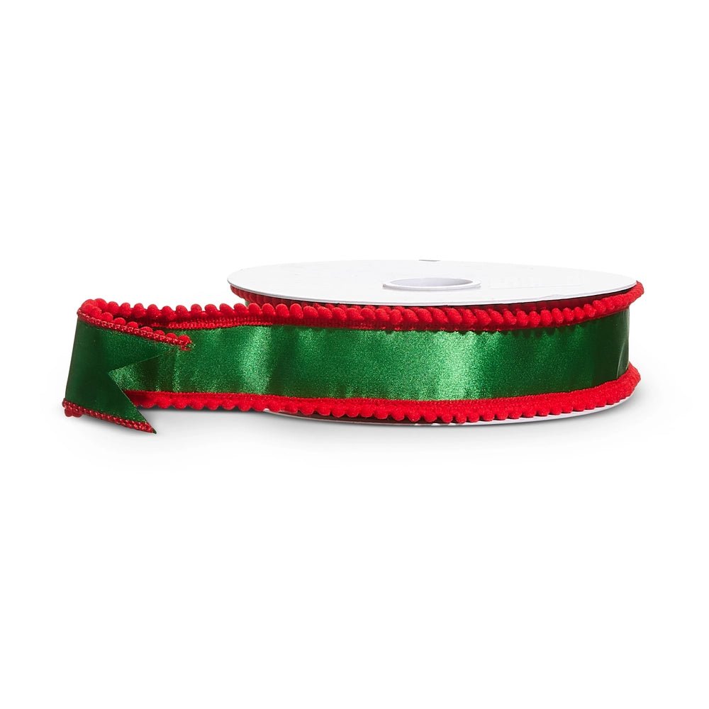 1.5" X 10 Yds Green Satin with Red Pom Pom Edge Wired Ribbon - Sassy Inspiration