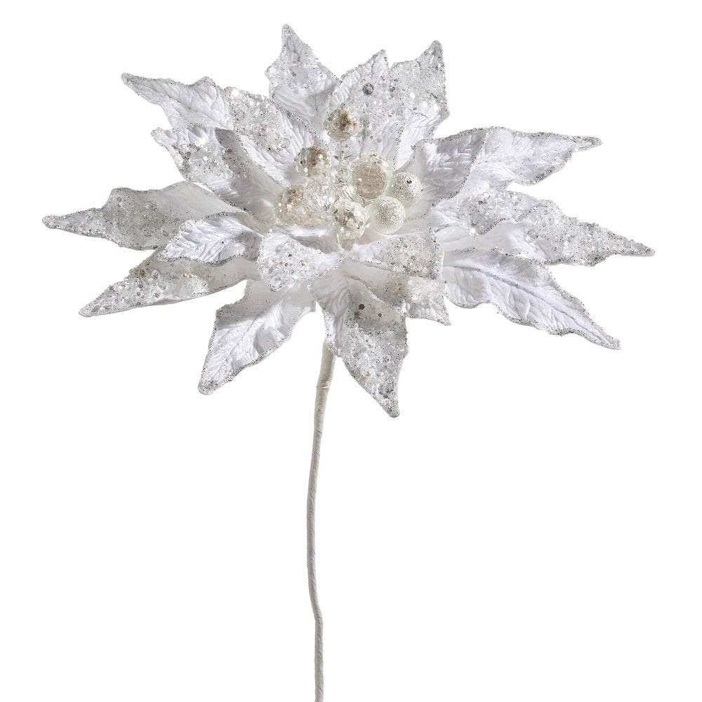 19" White Beaded Poinsettia Pick - Sassy Inspiration