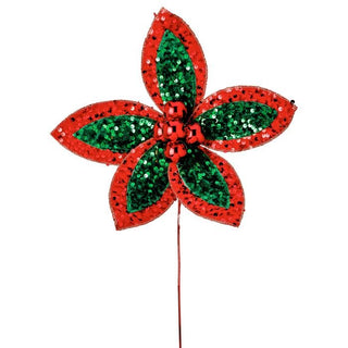 22" Sequin Poinsettia Stem – Red & Green - Sassy Inspiration