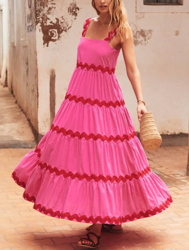 Simple Ripple Bandeau Slip Dress Hot Pink/Red