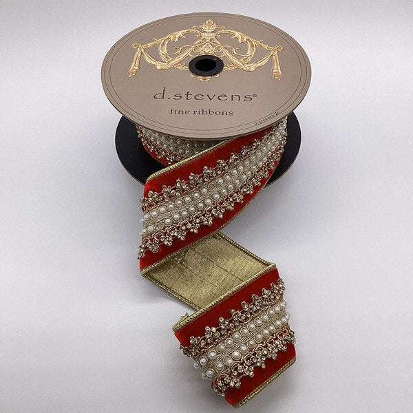 2.5” Red Velvet ribbon with Gold Jewel Countess Trim and a Pearl center - Sassy Inspiration