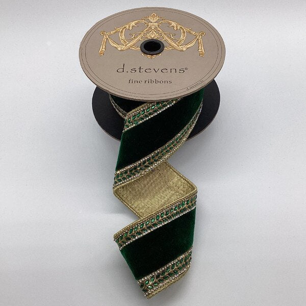2.5” Velvet ribbon with Clear Crystal Jewel Side Trim - Emerald Green - Sassy Inspiration